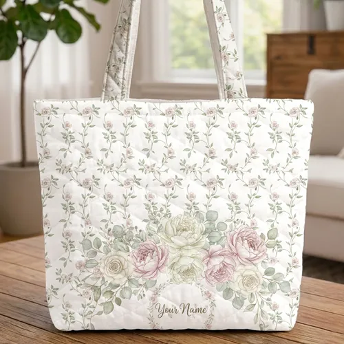 Personalized Floral Wreath Peonies Garden Roses Eucalyptus Vines - Everyday Tote Quilted Tote Bag