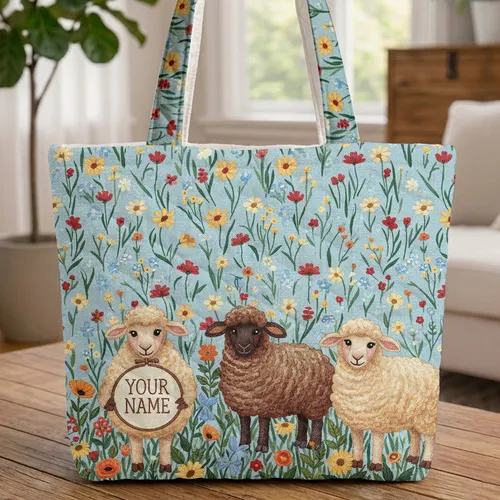 Sheep Wildflowers Name Hoop - Nature Lover Everyday Gift Quilted Tote Bag