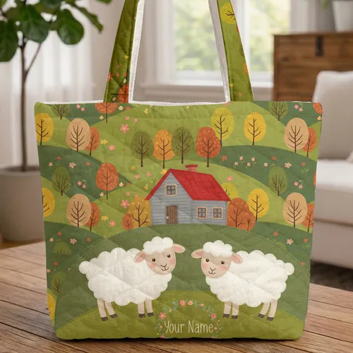 Personalized Fluffy Sheep Farmhouse Hills Wreath - Farmhouse Bag Gift Quilted Tote Bag