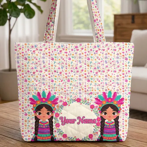 Young Girls Floral Headdresses Hearts Leaves Flowers - Everyday Lifestyle Tote Quilted Tote Bag
