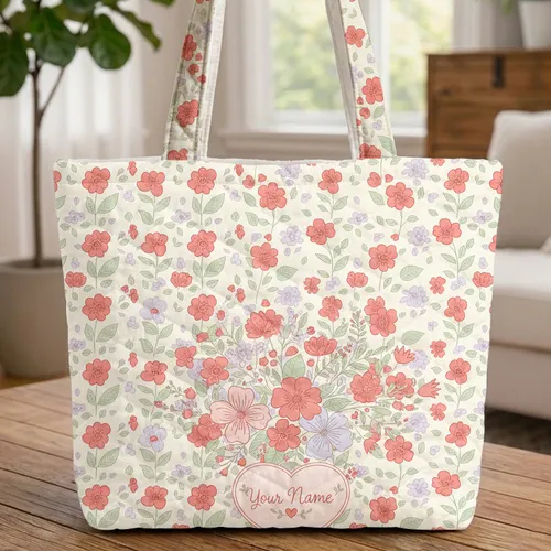 Coral Lilac Flower Bouquet Heart Cartouche - Daily Carry Lifestyle Gift Quilted Tote Bag