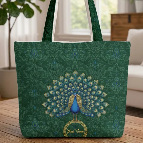 Emerald Green Peacock Damask Botanical Fanned Tail - Gift for Wildlife Lovers Quilted Tote Bag