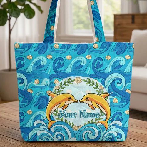 Leaping Dolphins Ocean Waves Seashells Tropical Wreath - Ocean Lover Gift Quilted Tote Bag