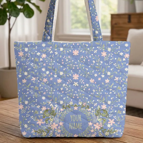 Periwinkle Blue Olive Green Vine Floral Wreath Cream Stars - Everyday Tote Quilted Tote Bag