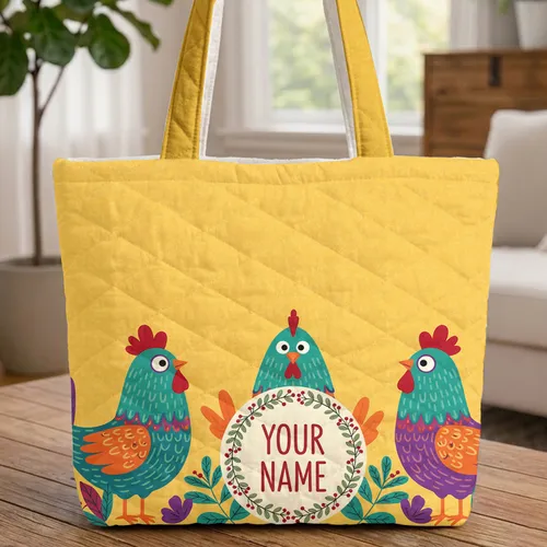 Patchwork Chickens Floral Name Wreath - Farmhouse Bag Gift for Chicken Lover Quilted Tote Bag