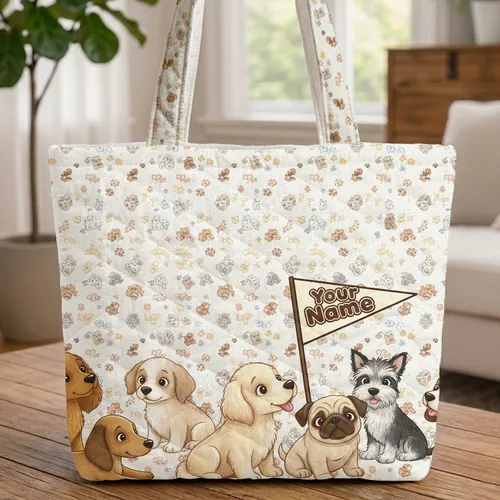 Various Breeds Puppy Dogs Paw Prints Pennant Your Name - Dog Lover Gift for Pet Owners Quilted Tote Bag