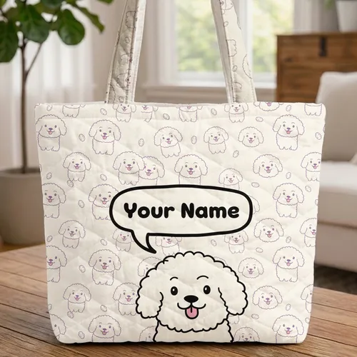 Fluffy White Dog Pink Tongue Puppy Heads Cloud Speech Bubble - Dog Lover Everyday Carry Gift Quilted Tote Bag