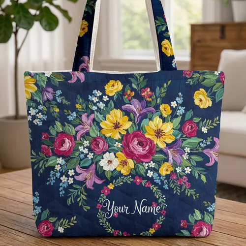 Flowers Lush Foliage Ornate Bouquet Floral Wreath - Everyday Lifestyle Gift Quilted Tote Bag