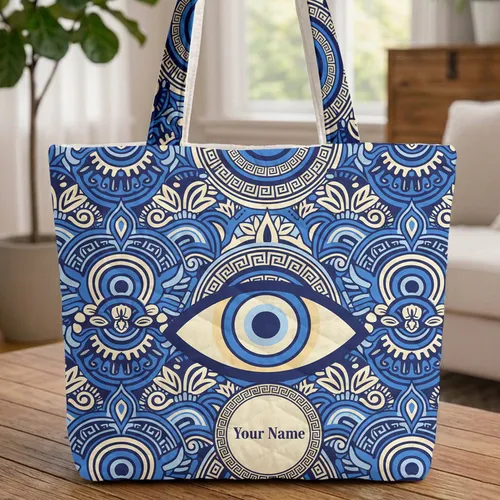 Blue Yellow Concentric Nazar Amulet Laurel Waves Ornate Floral Good Luck Gift Quilted Tote Bag