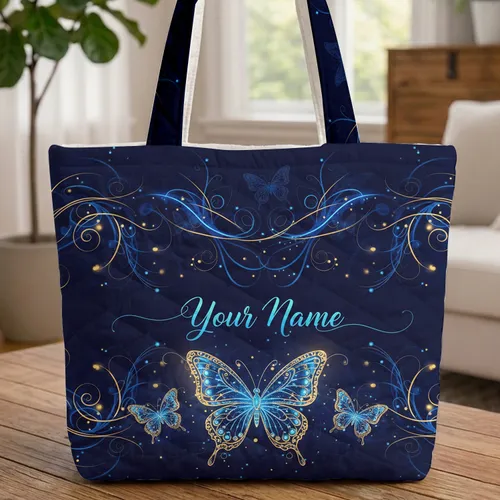 Ornate Glowing Butterflies Swirling Ethereal Light Trails Silhouettes - Everyday Carry Quilted Tote Bag