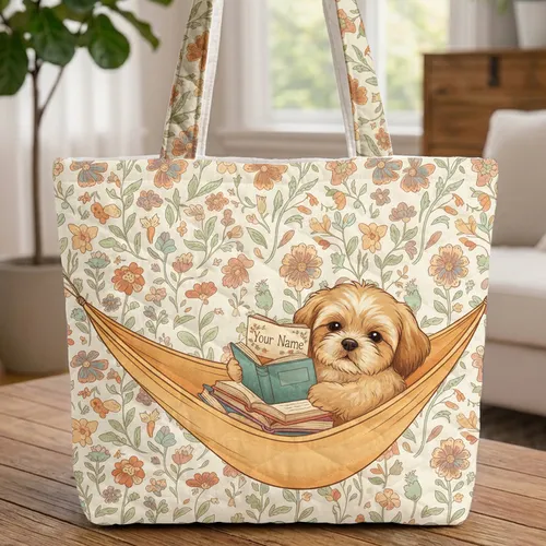 Shih Tzu Puppy Reading Books Wildflower Vines Personalized - Dog Lover Gift Quilted Tote Bag