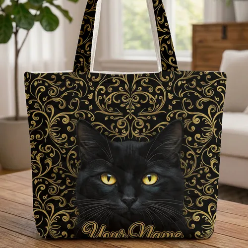 Luminous Golden Eye Black Cat Gold Filigree Personalized Name - Dark Fantasy Cat Lover Gift Quilted Tote Bag