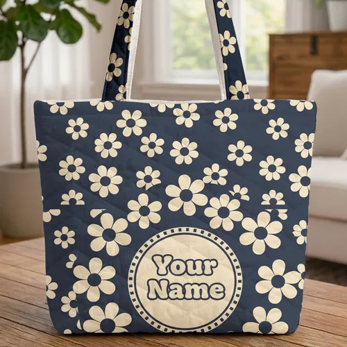 Retro Daisy Floral Wreath Personalized Name - Everyday Gift Quilted Tote Bag