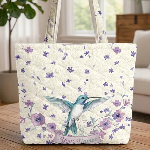 Hummingbird Floral Vines Purple Blossoms - Nature Lover Gift Quilted Tote Bag