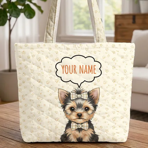 Yorkshire Terrier Puppy Paw Print Bone Cloud Speech Bubble - Puppy Lover Gift Quilted Tote Bag