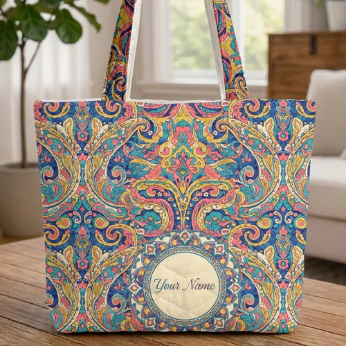Paisley Teardrop Floral Circular Medallion - Boho Lifestyle Bag Gift Quilted Tote Bag