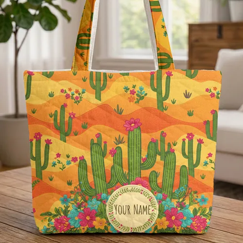 Desert Landscape Saguaro Cactus Wildflower - Personalized Name Nature Lover Gift Quilted Tote Bag