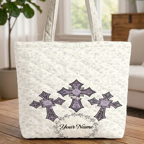 Personalized Ornate Crosses Floral Wreath - Spiritual Living Everyday Gift Quilted Tote Bag