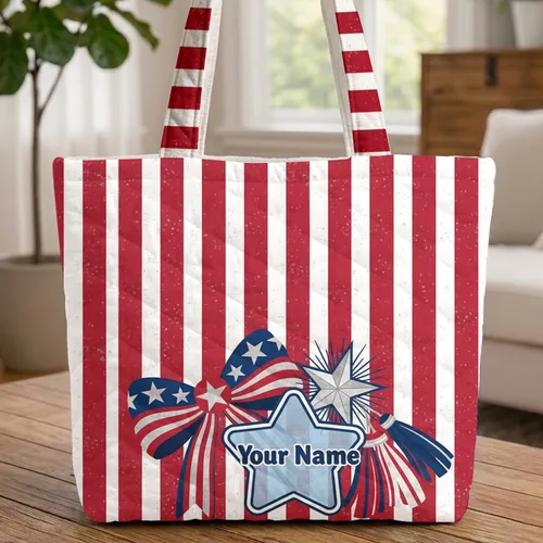 Personalized Star Patriotic Bow Tassels - Independence Day Celebration Gift Quilted Tote Bag