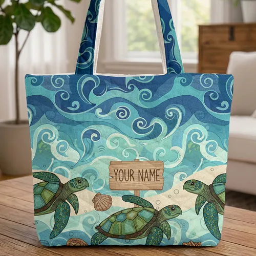 Ornate Sea Turtles Ocean Waves Seashells - Ocean Life Lover Gift Quilted Tote Bag