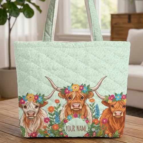 Highland Cow Floral Wildflower Personalized Name - Farmhouse Bag Gift for Cow Lover Quilted Tote Bag