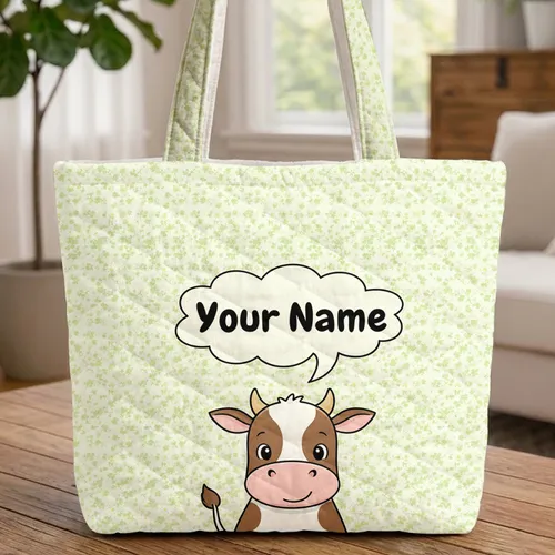 Brown White Cow Name Cloud Speech Bubble Clover Daisy - Farmhouse Cow Lover Gift Quilted Tote Bag