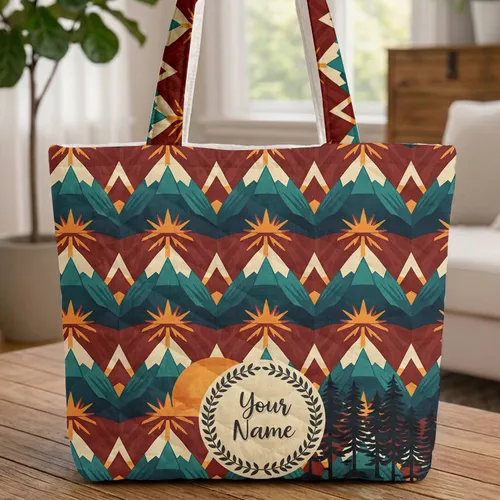 Mountain Peaks Sun Rays Pine Trees Personalized Leaf Garland - Everyday Travel Gift Quilted Tote Bag