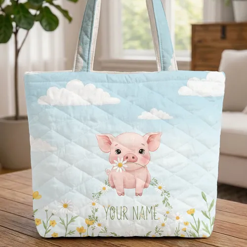Baby Piglet Daisy Wildflower Meadow Sky Clouds - Everyday Gift for Pig Lovers Quilted Tote Bag