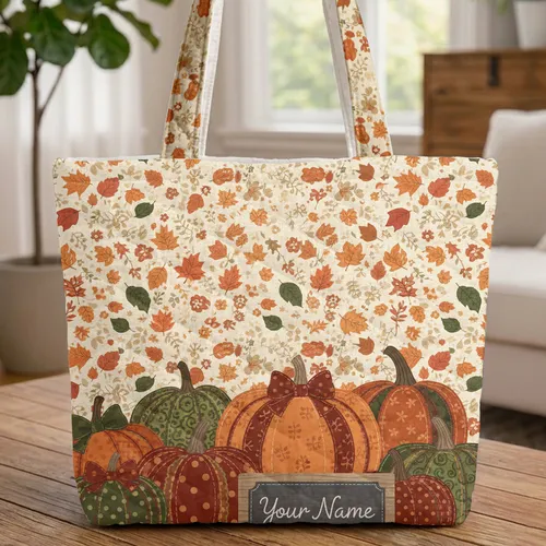 Ornamental Pumpkins Gourds Autumn Leaves Floral - Fall Harvest Bag Gift Quilted Tote Bag
