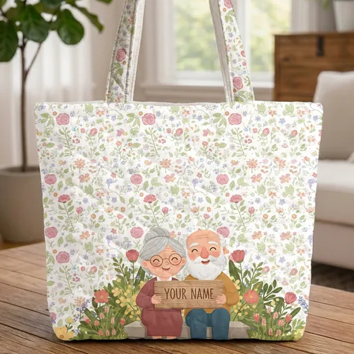 Smiling Couple Wildflower Garden - Home Decor Gift for Grandparents Quilted Tote Bag