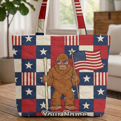 Patriotic Bigfoot American Flag Sunglasses - Independence Day Gift Quilted Tote Bag