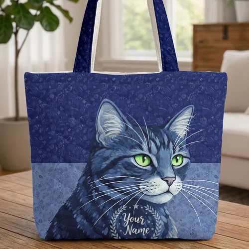 Layered Block Cat Head Laurel Wreath Name - Cat Lover Everyday Gift Quilted Tote Bag