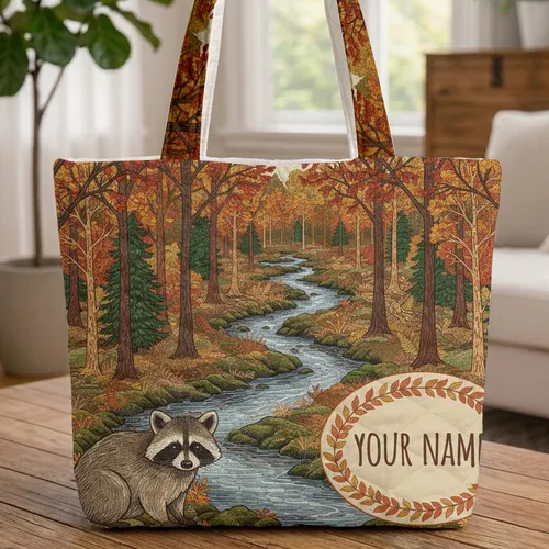 Raccoon Autumn Forest Landscape Leaf Garland - Fall Season Wildlife Lover Gift Quilted Tote Bag