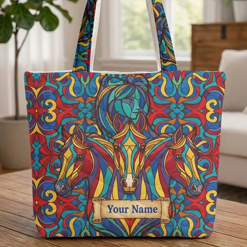 Stained Glass Horse Heads Interlocking Shapes Swirls - Horse Lover Everyday Tote Gift Quilted Tote Bag