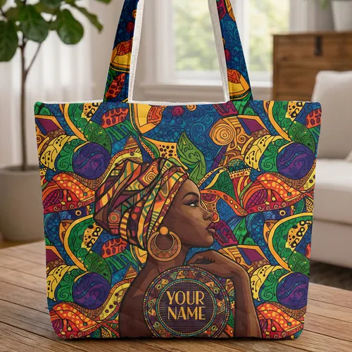 Profile Woman African Headwrap Circular Earrings Patchwork - Everyday Carry Gift Quilted Tote Bag