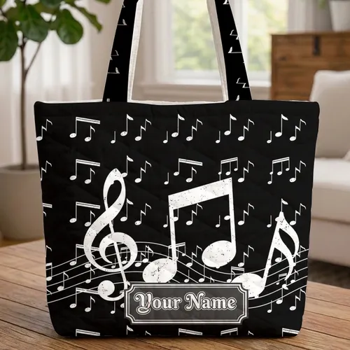 Black White Scattered Musical Notes Treble Clef Staff Lines - Music Lover Gift for Musician Quilted Tote Bag
