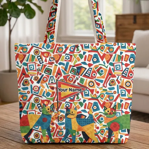 Geometric Cats Playing Triangle Flag Your Name - Everyday Tote Cat Lover Gift Quilted Tote Bag