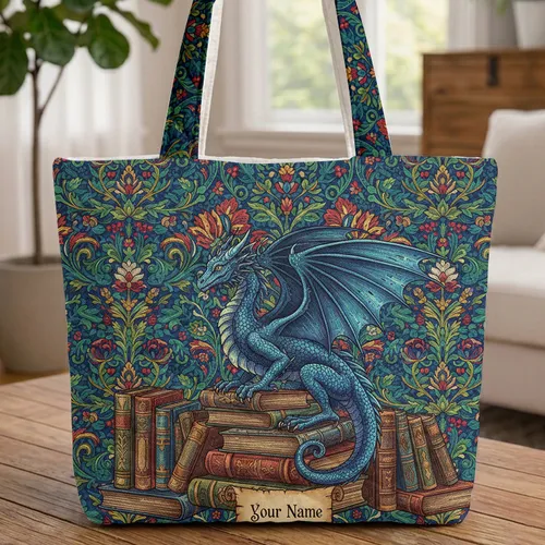 Majestic Blue Dragon Floral Books - Book Lover Gift Everyday Tote Quilted Tote Bag