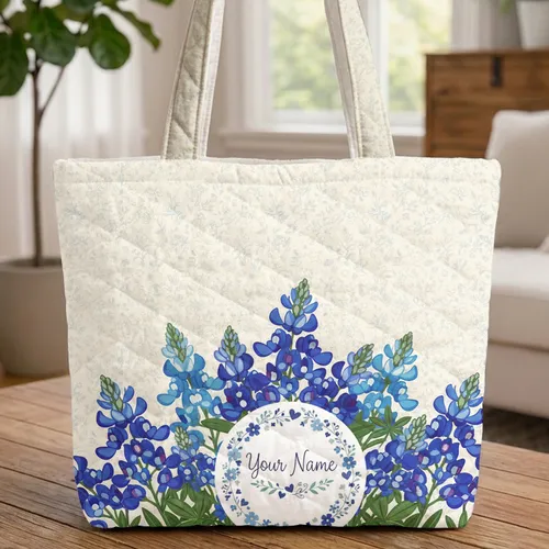 Bluebonnet Flowers Personalized Floral Wreath - Nature Lover Everyday Gift Quilted Tote Bag