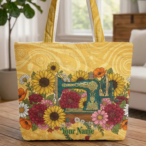 Vintage Sewing Machine Sunflower Dahlia Poppies Floral Garden - Sewing Lover Gift Quilted Tote Bag