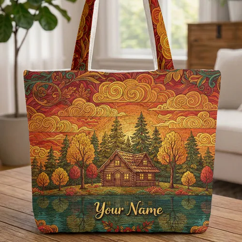 Autumn Cabin Lake Personalized Floral Wreath - Cozy Home Bag Gift Quilted Tote Bag