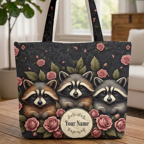 Raccoons Roses Botanical Wreath - Personalized Wildlife Lover Gift Quilted Tote Bag