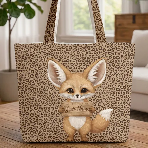 Fennec Fox Wooden Sign Leopard Spots Wildlife Lover Bag Gift for Animal Fan Quilted Tote Bag