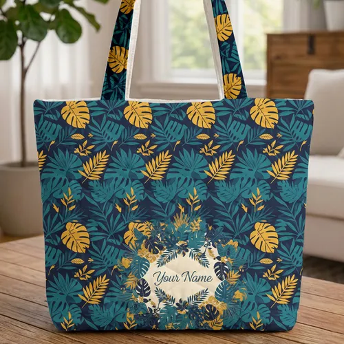 Personalized Tropical Botanical Floral Medallion - Nature Lover Gift for Her Quilted Tote Bag