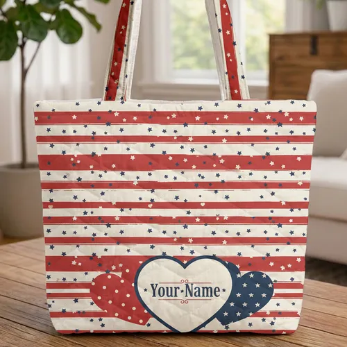 Patriotic Hearts Personalized Name - American Heritage Gift Quilted Tote Bag