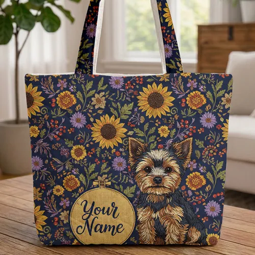 Yorkshire Terrier Hoop Autumn Botanicals - Dog Lover Gift Quilted Tote Bag