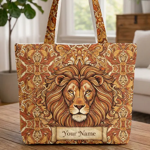 Majestic Lion Head Ornate Botanical Personalized Name Scroll - Wildlife Lover Gift Quilted Tote Bag