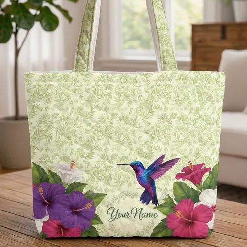Hummingbird Hibiscus Tropical Leaves Name Wreath - Nature Lover Gift Quilted Tote Bag