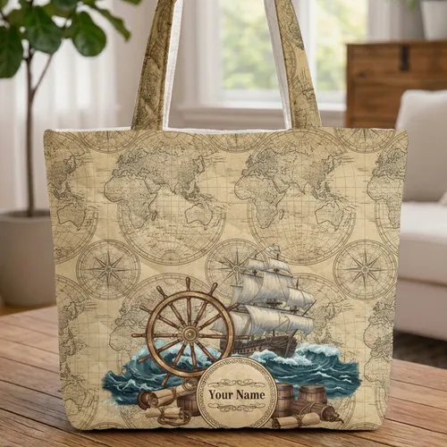Vintage World Map Tall Ship Steering Wheel - Explorer Gift Quilted Tote Bag