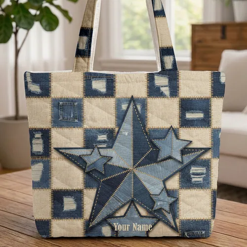 Denim Patchwork Eight Point Star Name Plate Western - Farmhouse Home Decor Gift Quilted Tote Bag